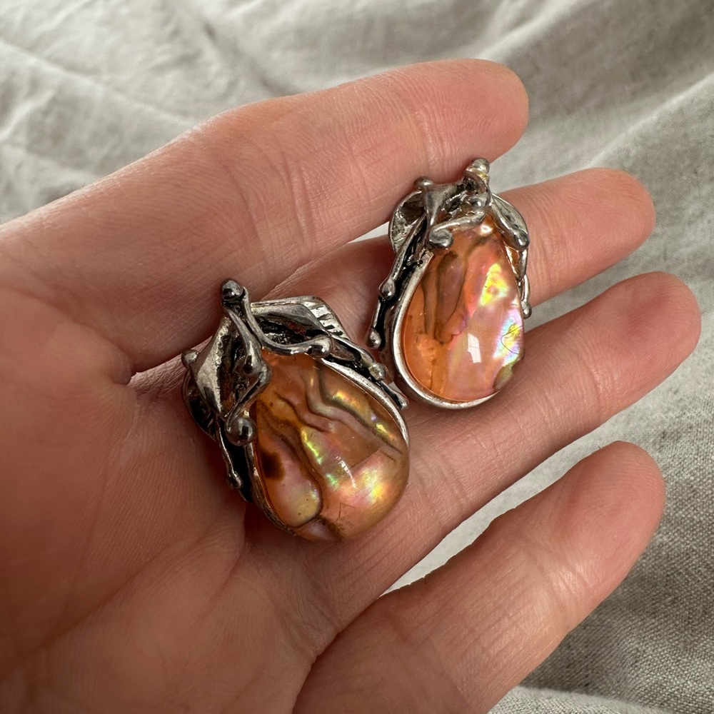 Silver and Orange Abalone Earrings